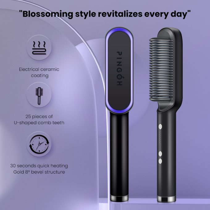 PINGOH [Spazzola piastra per capelli 2 in 1] riscaldamento rapido in 30 secondi, temperatura costante, protegge i capelli senza danni