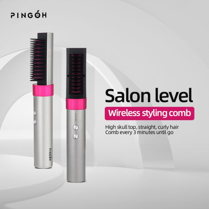 PINGOH Piastra per capelli a ioni negativi senza fili, ricaricabile, portatile, piastra lisciante anti-crespo – spazzola elettrica viola